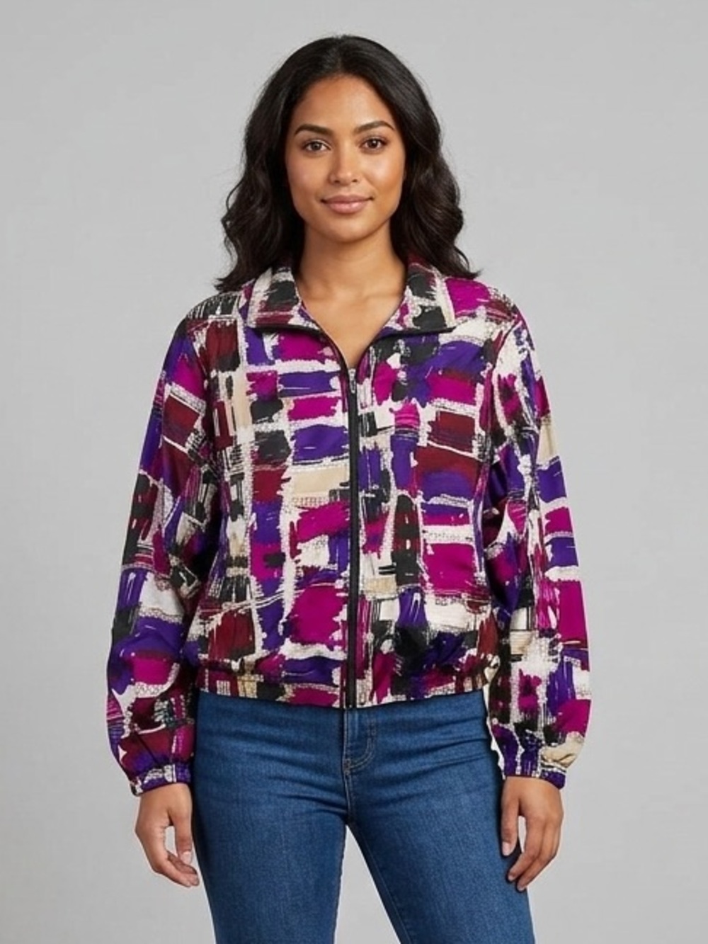 Koret Y2K Vintage Patterned Lined Lightweight Windbreaker Jacket Shoulder Pads